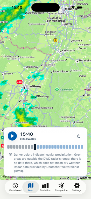 Precipitation radar over the Rhine valley